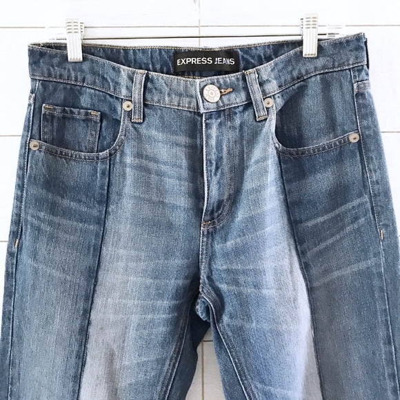 Express Blue Two Tone Raw Denim Girlfriend Jeans - Picture 3 of 8